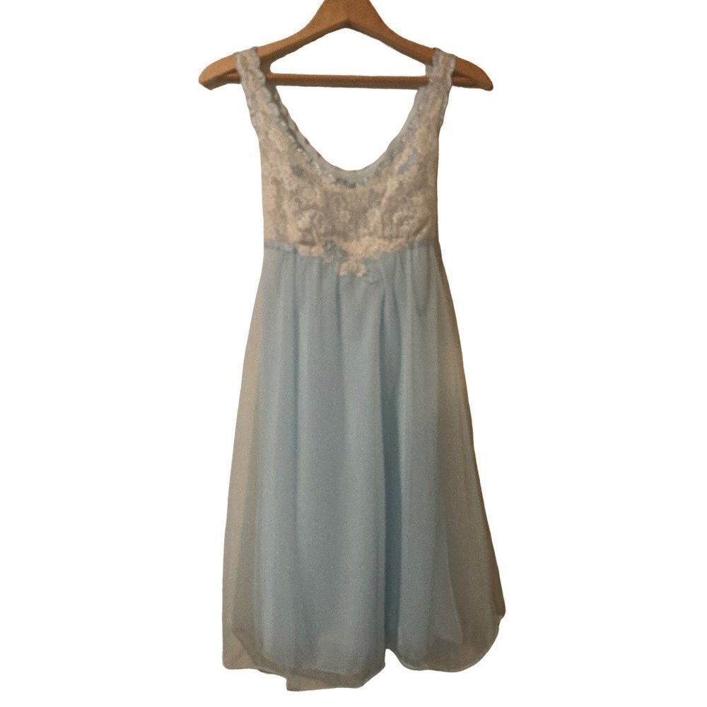 Warners Vintage Nightgown Baby Blue Double Chiffon Lace Applique SZ 34 Scallop